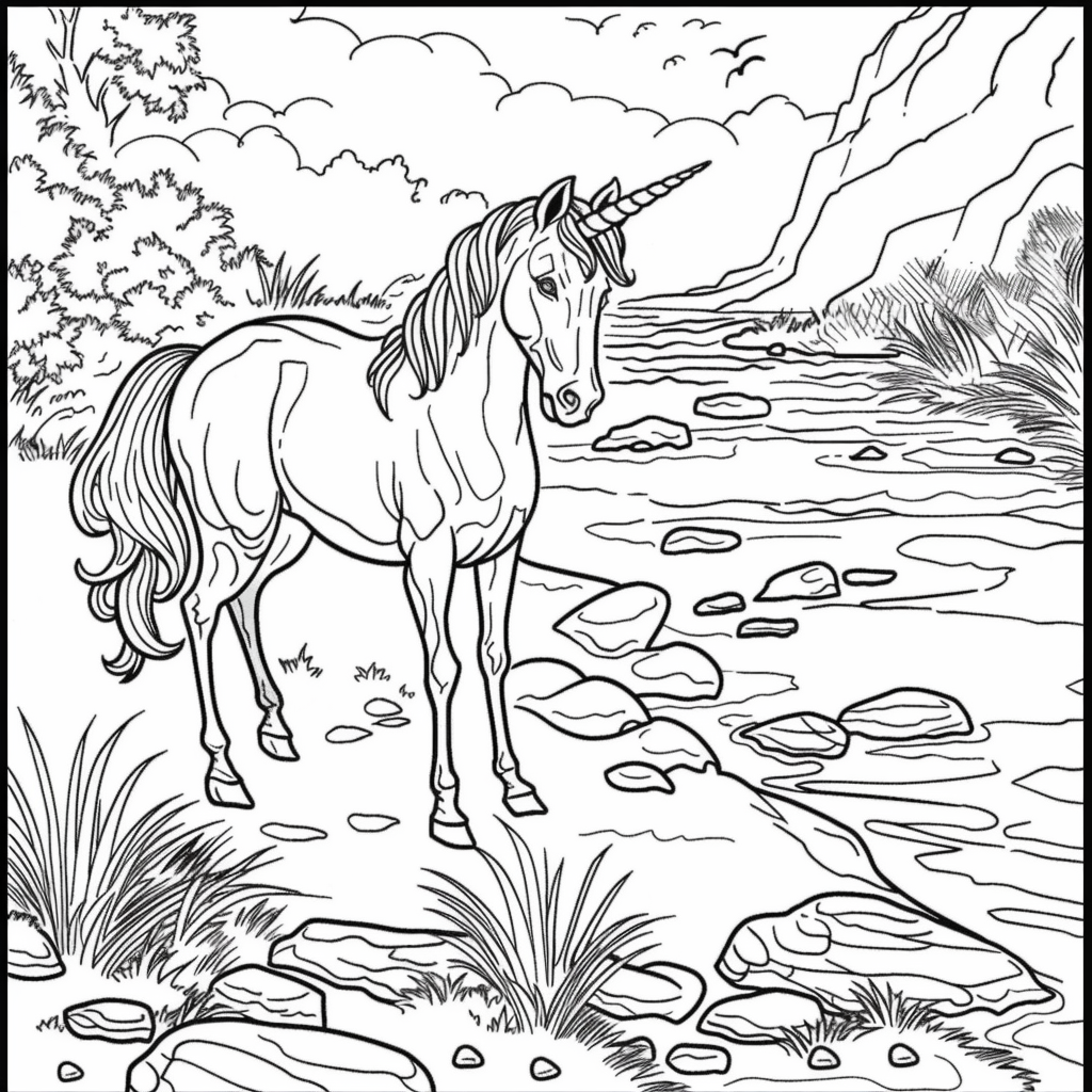 Unicorn Walking Beside a River